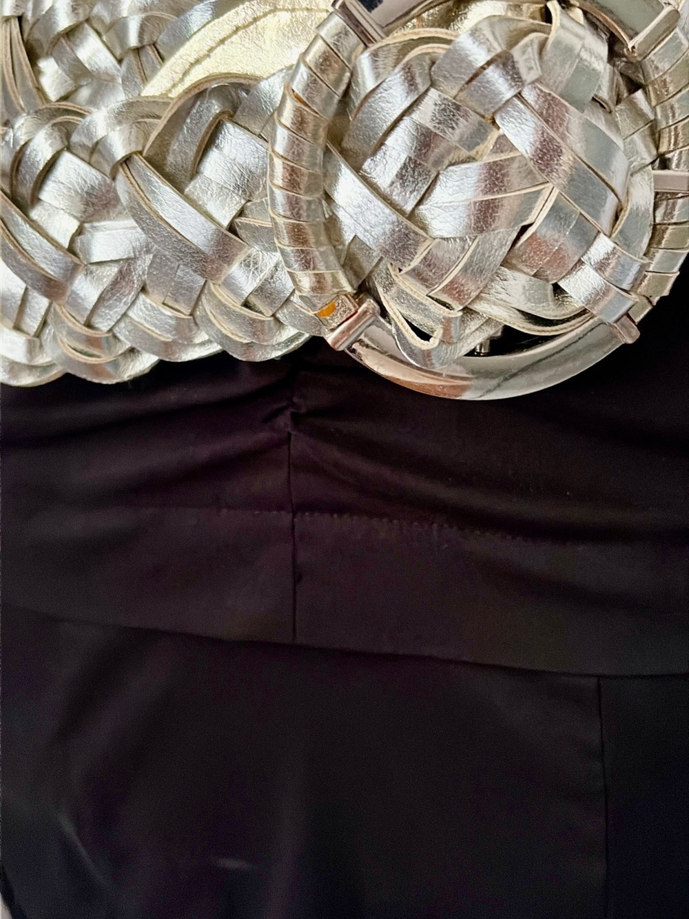 Woven Metallic Silver Belt on Black Dress